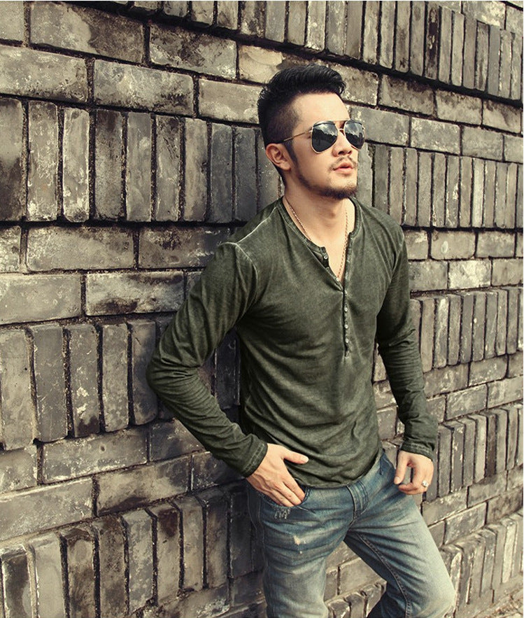 Distressed V-Neck T-Shirt long sleeve